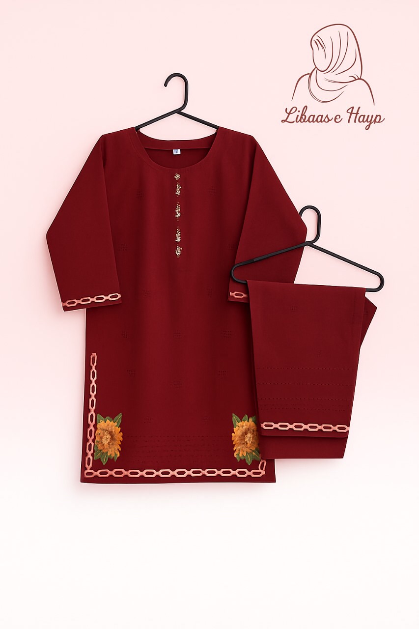 Cotton Mehroon with Embroidery 2-piece - Image 3